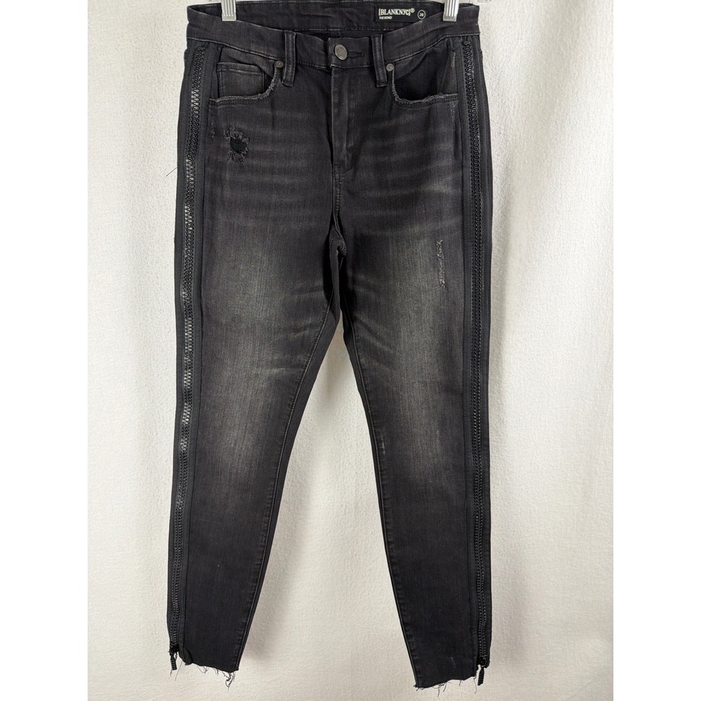 Blank NYC The Bond Black Skinny Jeans Side Zipper Trim Distressed Raw Hem Sz 28